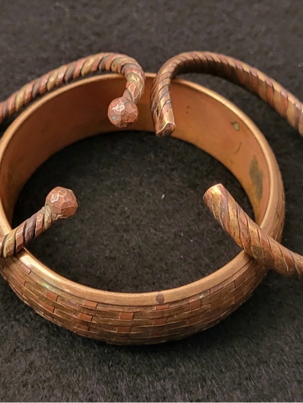 Vintage Copper bracelet lot of 2 Twist cuff Bracelets & a Woven Bangle 3 total